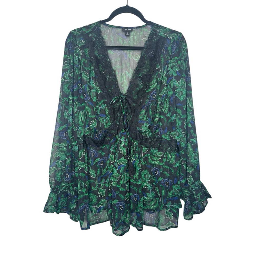 Torrid Babydoll Crinkle Lurex Chiffon Crochet Lace-Up Top forest whimsigoth vamp